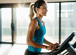 Designing a Safe and Effective Aerobic Exercise Program Individual exercising on cardio machine in sunlit fitness studio with good form