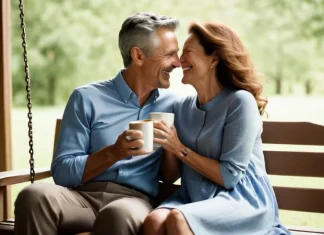 Why You Should Stop Searching for Your Soul Mate Mature couple sharing laugh on wooden porch swing over morning coffee