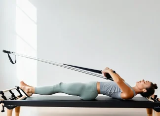 What’s all the Fuss Over Pilates Exercise? Pilates practitioner demonstrating core teaser exercise on reformer in bright studio