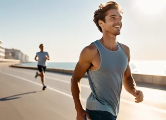 Beating The Blues With Exercise Runner jogging briskly along sunny seaside promenade feeling refreshed and light