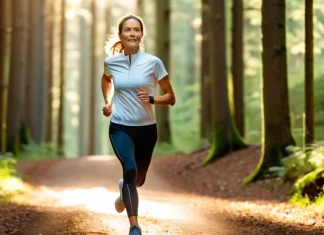 Physical Fitness Protects Brain Health Active middle-aged woman jogging gracefully along sunny woodland trail