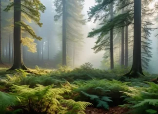 Trees travelling west: How climate is changing our forests Panoramic view of rich green forest canopy and misty mountain ridge at dawn