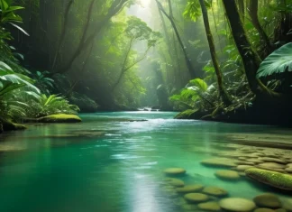 Save Nature, Save Lives Pristine clear river winding through lush emerald tropical rainforest