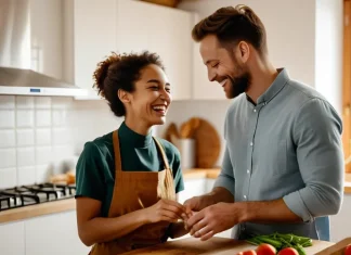 Happy couples: How to keep relationships healthy Smiling couple enjoying preparing healthy dinner together in bright modern kitchen