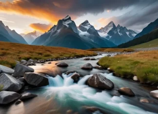 Recognizing the Inherent Rights of Nature Wild alpine river flowing through untouched mountain valley at sunset