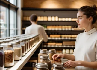 Earth Law and Consumerism Shopper filling reusable glass jars with organic grains in zero-waste store