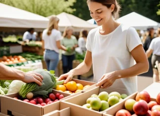 9 Things You Can Do to Save the Environment Shopper putting fresh vegetables into reusable canvas tote bag at market