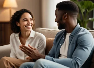 Words and Phrases to not say to your Partner Couple sitting together on couch having gentle attentive conversation