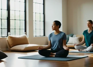 Yoga for Patients and Caregivers Improves Quality of Life Supportive gentle yoga session with bolsters in bright airy room