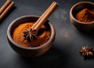 The Health Benefits of Cinnamon Ceylon cinnamon sticks and powder in wooden bowl with star anise