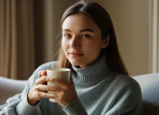 The Upsides of Gratitude: What a Decade of Research Has Found Person smiling peacefully with tea in morning light expressing gratitude