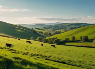 Germany Proposes ‘Meat Tax’ To Curb Climate Change And Improve Animal Welfare Cows grazing peacefully in open lush green pasture under blue sky