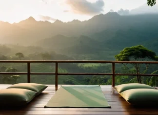 Yoga Teacher Training: To Travel or Not to Travel? Scenic wooden yoga shala with mats rolled out overlooking misty green valley