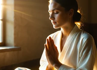 Contemplating Death: What Can Meditation-Induced Near Death Experiences Teach Us? Meditator in deep peaceful posture surrounded by ethereal light