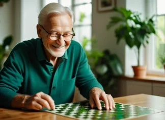 13 Ways to Improve Memory Naturally Senior adult smiling while solving puzzle at sunny wooden table
