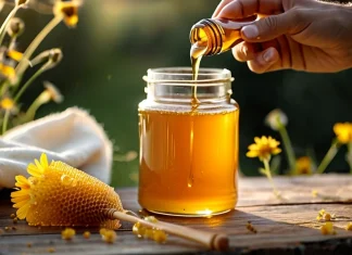 Why You Should Ditch Sugar in Favor of Honey Golden raw honey dripping from wooden dipper with fresh honeycomb