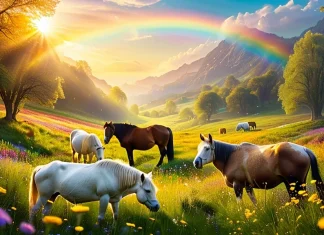 Is There a Heaven for Animals? Ethereal celestial meadow with animals resting under glowing rainbow bridge