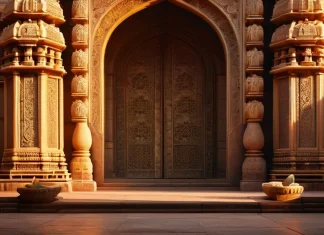 Why Are We Born In This World? – Hinduism Answers Ancient carved stone temple pillars illuminated by golden morning light