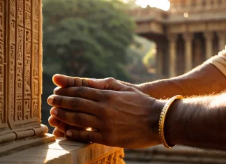Sanskrit Sayings Classical stone temple pillar with carved Sanskrit Devanagari script in morning light
