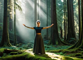 Shamanic Yoga – Pave the Way to a More Empowered You Yoga practitioner in warrior pose in ancient mossy forest under sunbeams
