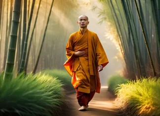 Happiness in Every Breath Buddhist monk walking mindfully through sunlit bamboo grove