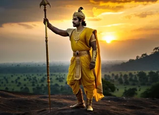Story Sri Krishna Shows Arjuna – Why Karna Is The Greatest Giver? Classical Indian painting of Lord Krishna and Arjuna on Kurukshetra battlefield