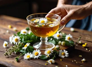 5 Stress-Reducing Herbal Teas Glass teapot of golden herbal tea with chamomile and mint on wooden table