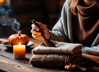 4 Ayurvedic Self-Care Tips for Fall Autumn self-care arrangement with spiced herbal tea, blanket, and pumpkin