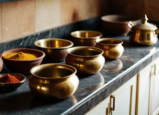 What Is Vedic Cooking? Traditional Vedic kitchen counter with fresh organic spices and clay pots