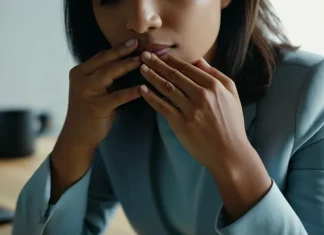 Break Your Bad Mood in Three Minutes Person closing eyes and taking a deep mindful breath at work desk