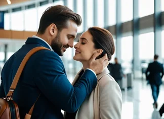 When Your Loved One Has to Travel Alone Couple sharing a warm farewell embrace at modern airport terminal