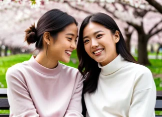 How To Date Your Best Friend Two close friends laughing together on park bench sharing warm glance