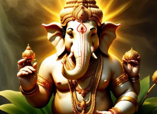 Story Of Ganesha And Demon Analasur – Durva Grass Classical Indian artwork of Lord Ganesha holding sacred durva grass