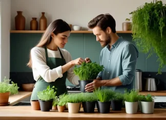 How Your Environment Influences Infertility Couple caring for indoor organic herbs in clean toxin-free home kitchen