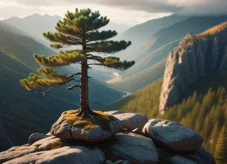 15 Quotes About Being Happy Even When Facing Challenges Resilient pine tree standing tall on rocky mountain cliff overlooking sunlit valley
