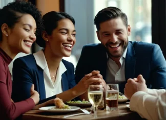 Your Drunk Self Is Your Truest Self, Science Says Close friends laughing warmly together around restaurant dinner table