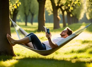 How to Disconnect From Technology and Reclaim Your Sense of Calm Person resting in hammock between orchard trees reading book without devices