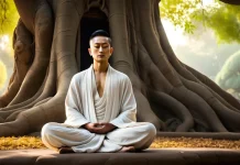 Was the Buddha a historical figure or a mythic one? Stone Buddha statue meditating serenely beneath spreading branches of Bodhi tree