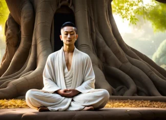 Was the Buddha a historical figure or a mythic one? Stone Buddha statue meditating serenely beneath spreading branches of Bodhi tree