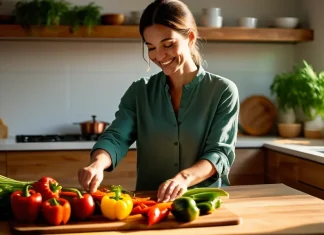 Mindful Cooking: Simple Ways to Bring Awareness into the Kitchen Person chopping fresh colorful vegetables mindfully on wooden board in bright kitchen
