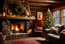 Where Does Santa Claus Come From? Rustic cabin fireplace with glowing hearth and festive evergreen garlands