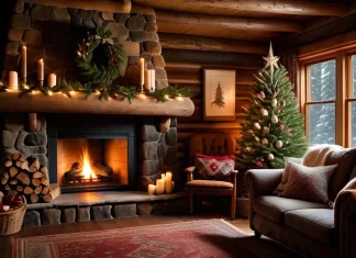 Where Does Santa Claus Come From? Rustic cabin fireplace with glowing hearth and festive evergreen garlands