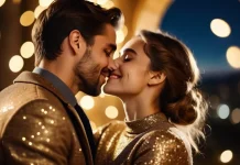 New Year’s Kiss: Where Did This Tradition Actually Come From? Couple sharing tender midnight embrace surrounded by soft golden festive glow