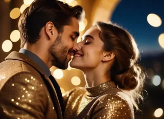 New Year’s Kiss: Where Did This Tradition Actually Come From? Couple sharing tender midnight embrace surrounded by soft golden festive glow