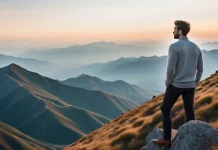 Why Do Some People Believe We Are Living in a Simulation? Person on mountain summit looking at vast valley with subtle crystalline geometry