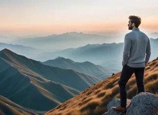 Why Do Some People Believe We Are Living in a Simulation? Person on mountain summit looking at vast valley with subtle crystalline geometry