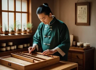 The Hidden Connection: Lip Fillers and Reproductive Health in Traditional Chinese Medicine Aesthetic TCM clinic with acupuncture herbs and facial meridian chart on wall