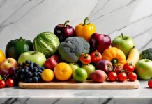 The Mono Diet: Is the “One-Food” Trend a Miracle or a Mistake? Colorful variety of fresh whole fruits and vegetables on marble kitchen counter