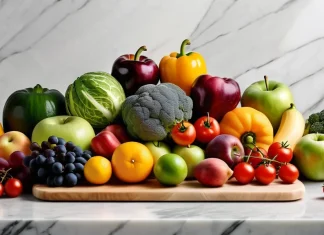 The Mono Diet: Is the “One-Food” Trend a Miracle or a Mistake? Colorful variety of fresh whole fruits and vegetables on marble kitchen counter