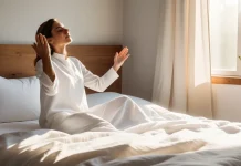 Do You Keep Waking Up Tired? Your Sleep Cycle Might Be Disrupted Person waking up peacefully and stretching in bright sunny bedroom